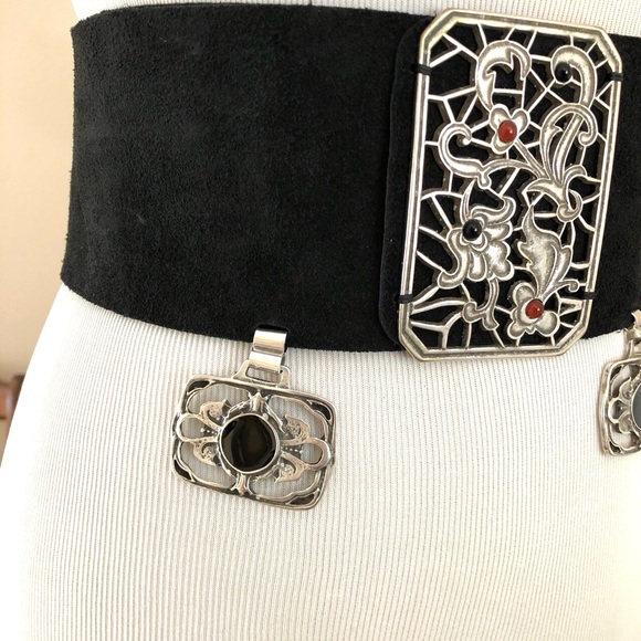 Nidodileda unique black 100% suede ornate belt with silver and gemstone accents - Picture 3 of 6